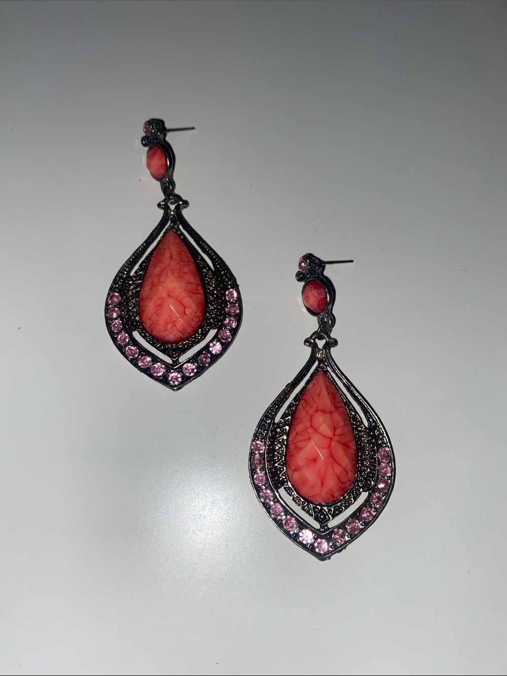 Pink Teardrop Dangle Earrings with Pink Accents and Silver Tone